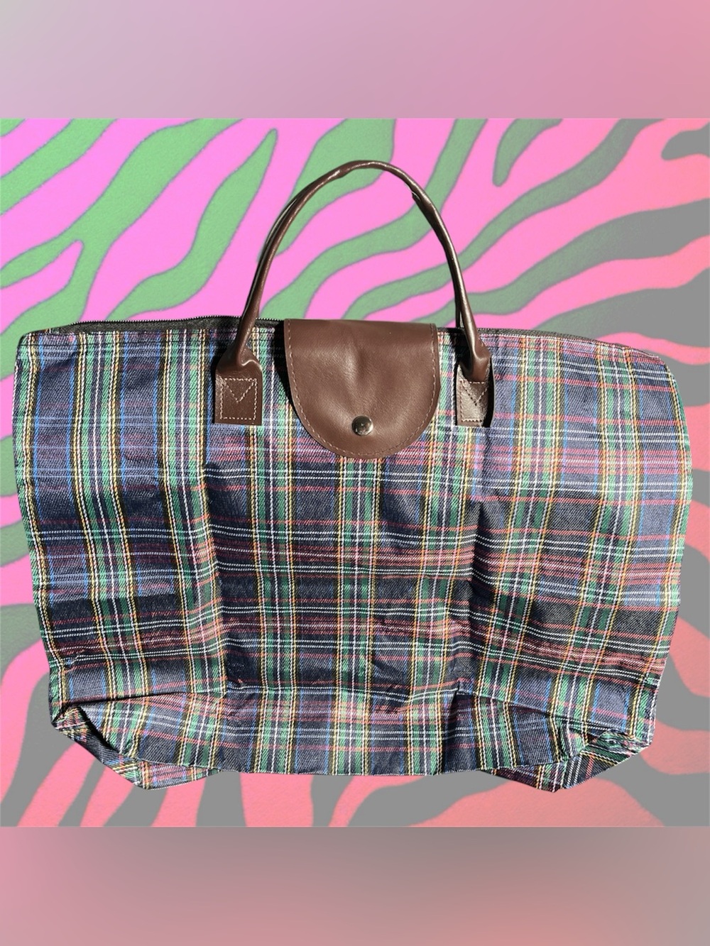 foldable travel plaid tote bag
